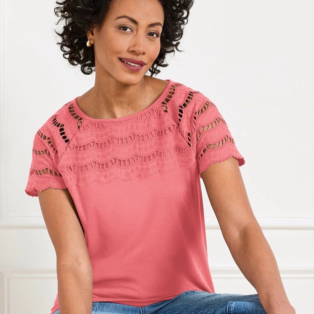 Talbots pink coral embroidered eyelet top shirt woman's size XLP
